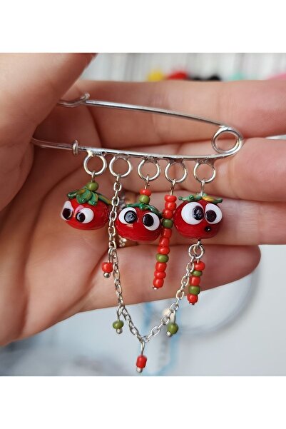 kırıkboncuk Murano Domates Figür Boncuk Detaylı Iskoç Iğnesi Yaka Iğnesi Broş Veya Çanta Aksesuarı