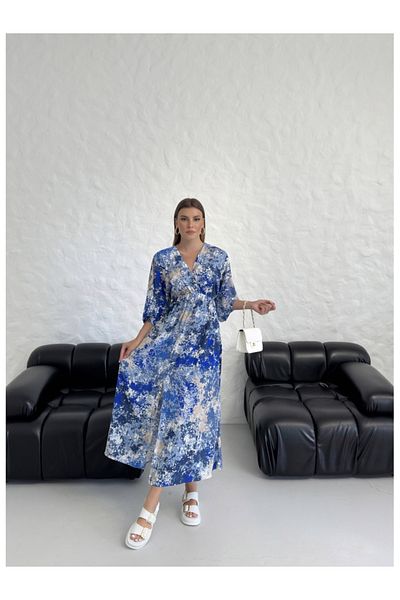 Elif Özbey Butik Rochie cu mânecă liliac cu imprimeu albastru