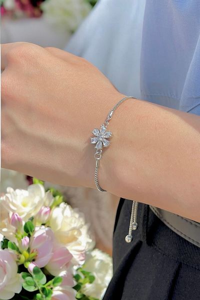TAKIPORT Lotus Flower Design Women's Bracelet - Silver Elevator and Adjustable Zircon Stone