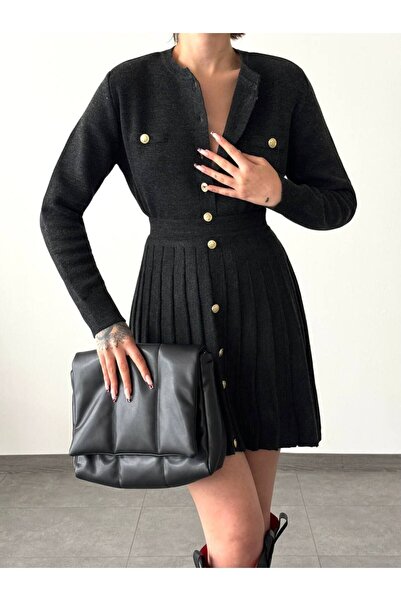 Lusin Smoked Women's Knitwear Set - Button Detailed Cardigan and Skirt S/M