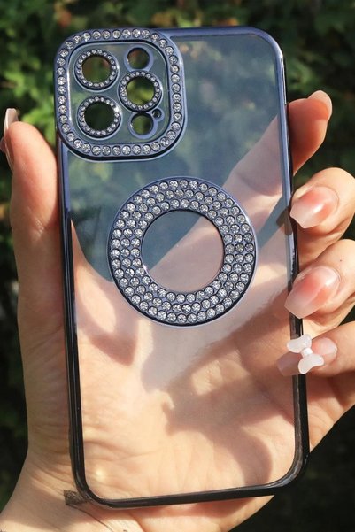 MİRAKSESUAR iPhone 13 Pro Compatible Case Camera Protected Stoned Shiny Logo Open Transparent Women's Cover