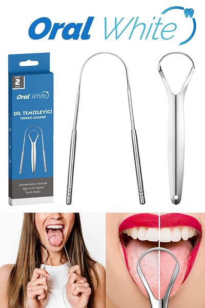 Oral White منظف اللسان ومكشطة اللسان ستانلس ستيل 2 قطعة