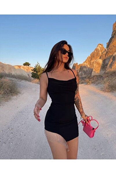 HELLODEAR Siyah Zincir Püsküllü Mini Elbise