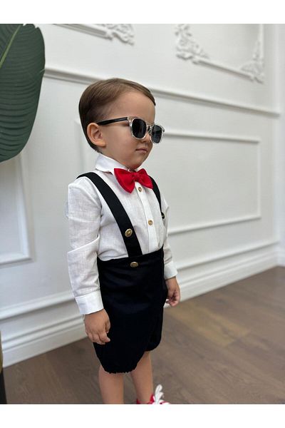 Ares Kids Fashion Cămașă albă și salopetă neagră (papion roșu inclus) Cadou pentru îmbrăcăminte pentru copii și bebeluși