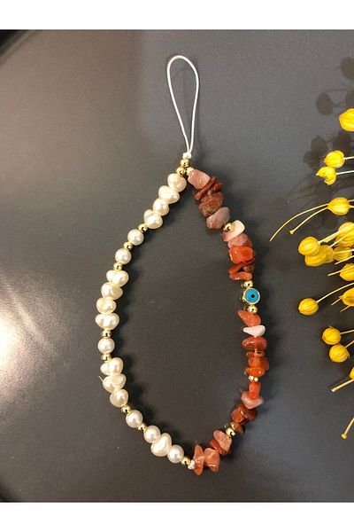 Stoneday Natural Stone Agate - Red and Broken Pearls Phone Strap and Charm Floss Accessory