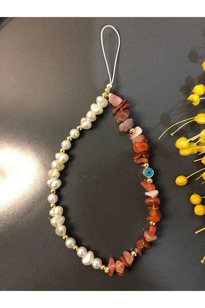 Stoneday Natural Stone Agate - Red and Broken Pearls Phone Strap and Charm Floss Accessory