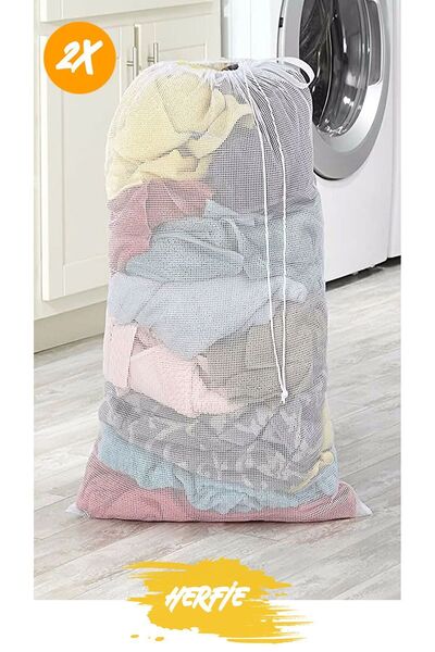HERFİE 2 Adet Büyük Boy Eşya Çamaşır Kirli Bez Perde Tül Okul Kıyfaeti Yıkama Filesi 60x80 Cm