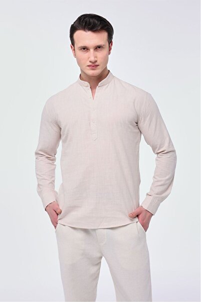 Quagga Erkek Yarım Patlı Keten Görünümlü %100 Pamuk Hakim Yaka Gömlek