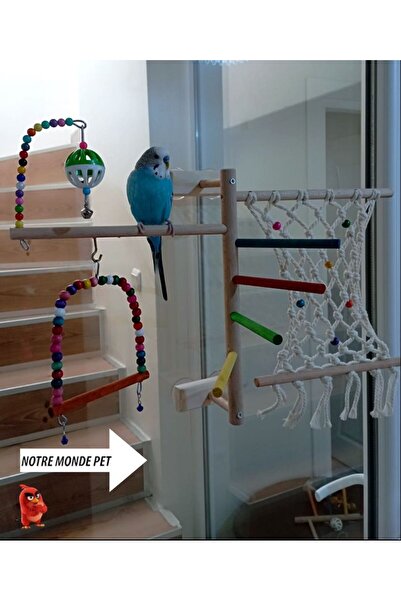 NOTREMONDEPET Ahşap el yapımı 4 vantuzlu oyun alanı hamaklı salıncaklı top zilli