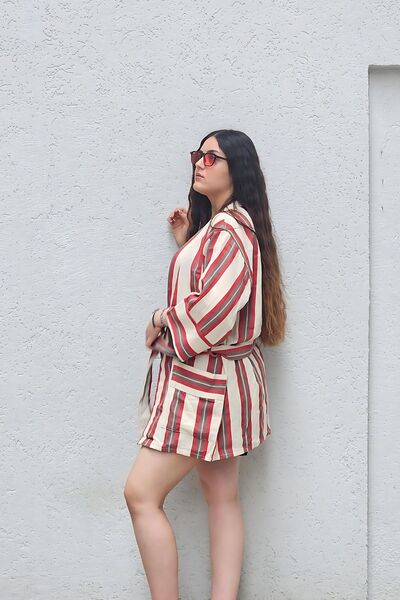 Bahtiyar İpek Beyaz Kalın Bordo Çizgili Pamuk Kimono