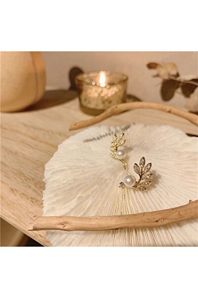 toptanhanem Yaprak tasarım Zirkon Taşlı İncili Antialerjik Çelik Küpe - Gold ...