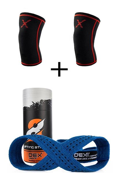Dex Supports Lasting Energy Fitness Orthopedic Knee Sleeve and Weight Lifting Strap - Blue 8 Loop Lifting Straps Set of 2