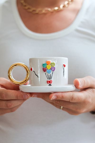 Özce Art Ceramic Atelier Rainbow Series - 170 ml Double Turkish Coffee Cup 2 pieces, Color and Balloon