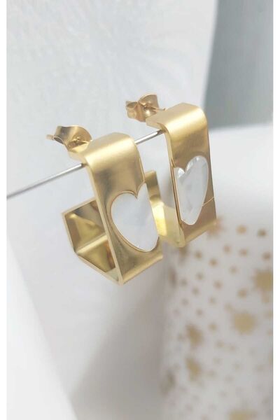 DEVİ fashion Gold Renkli Çelik Dikdörtgen Mineli Kalp Desenli Halka Küpe