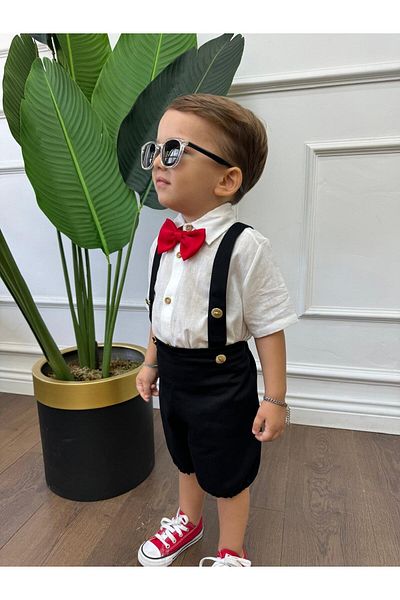 Ares Kids Fashion Cămașă albă cu mânecă scurtă și papion scurt negru Salopet Îmbrăcăminte pentru băieți și copii mici