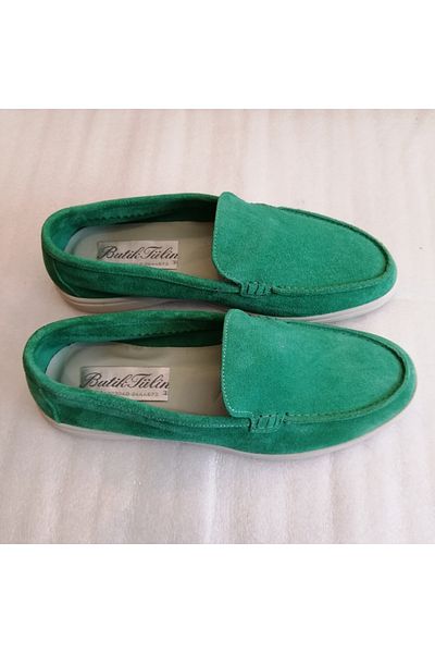 Butik Tülin Green Unisex Genuine Leather Suede Non-Slip Rubber Sole Flexible Shoes