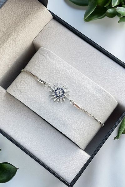TAKIPORT Silver Color Elevator Colorless Adjustable Blue Zircon Stone Sun Detail Women's Bracelet