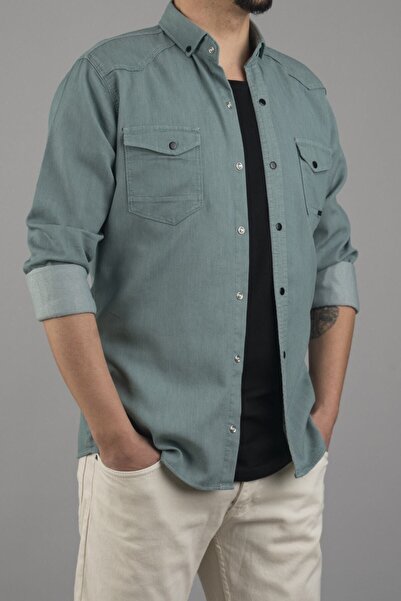 bombe Slim Fit Dar Kalıp Erkek Kot Gömlek Mint