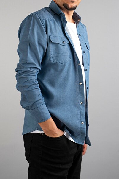bombe Slim Fit Erkek Kot Gömlek Buz Mavisi