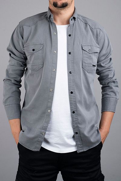 bombe Ανδρικό τζιν πουκάμισο Slim Fit σε γκρι χρώμα