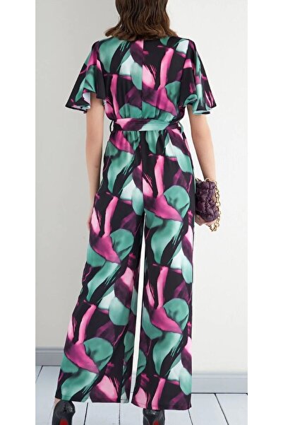 akkanatbutik Green / Pink Angel Sleeve - Wide Leg Wrap Long Jumpsuit