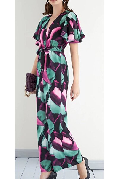 akkanatbutik Green / Pink Angel Sleeve - Wide Leg Wrap Long Jumpsuit