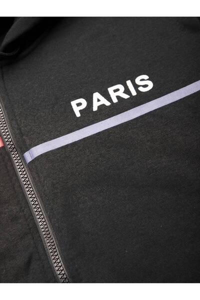 Hunors Sportswear & Company Siyah Erkek 2li Paris Baskılı Kapşonlu Hırka Siyah Lastik Paçalı Eşofman Takımı