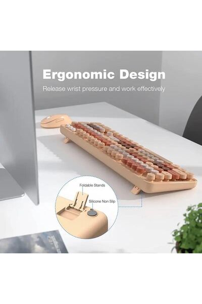 RabbitTech Renkli Daktilo Tarzı Vintage Mekanik Klavye Mouse PC Laptop Uyumlu Kablosuz