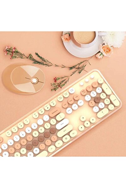 RabbitTech Renkli Daktilo Tarzı Vintage Mekanik Klavye Mouse PC Laptop Uyumlu Kablosuz