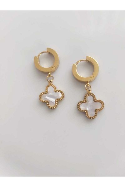 DEVİ fashion Yonca Model Steel Pearlescent White Earrings 3 cm