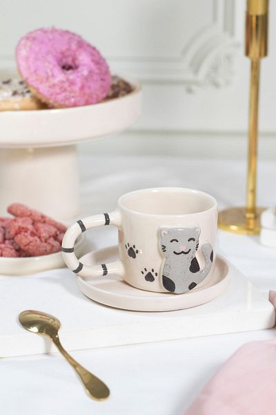 ada mia seramik 170ml Ceramic Mug - Handmade with Cat Figure