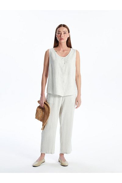 LC Waikiki LCWAIKIKI Klassische Damenhose aus gestreifter Leinenmischung mit elastischem Bund