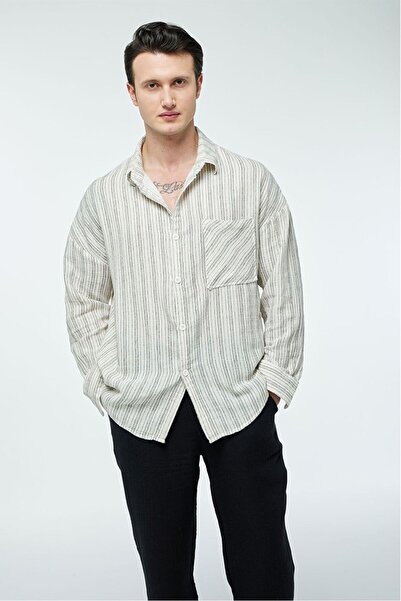 Quagga Erkek Müslin Kumaş Ince Çizgili Oversize Gömlek