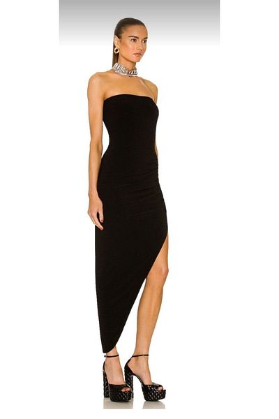 Nsb Tasarım Strapless Asymmetrical Cut Black Dress with Drape Detail