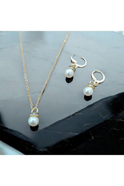 Azya Bijuteri Taşlı İnci Küpe Kolye Set