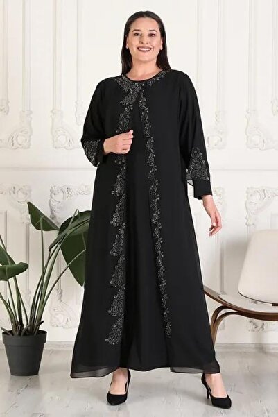 Aydoğan Large Size Shawl Pattern Chiffon One-Piece Evening Dress with Lamp