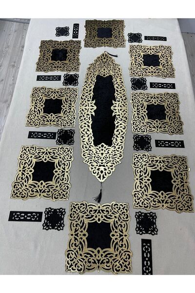 SEHARA Amerikan Servis (SUPPLA)/runner/deri Işlemeli Kadife/25 Parça /8 Kişilik Yemek Sunum Takımı