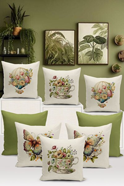 Bertille Home Flower/Vintage Serisi Çift Tarafı Dijital Baskılı  8'li Kırlent...