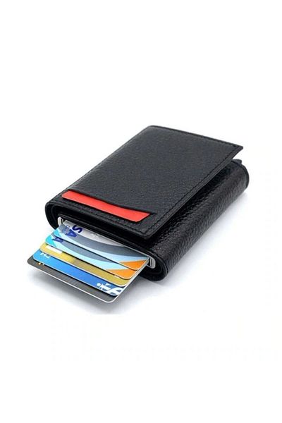 Emek Black Leather Smart Wallet Card Holder with Aluminum Mechanism