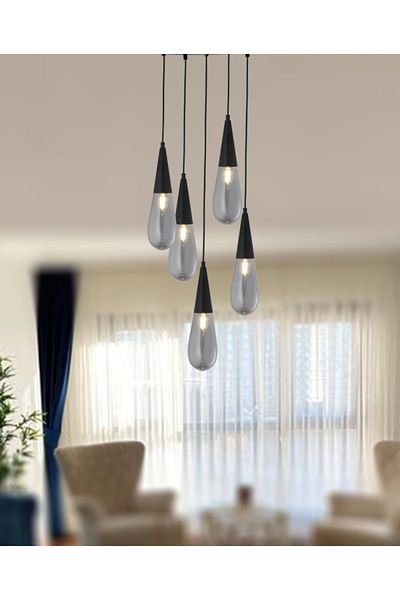 TT AYDINLATMA Tt023-5Y-Full-Sy 5-Piece Black Drop Model Chandelier - Lighting Full Matte