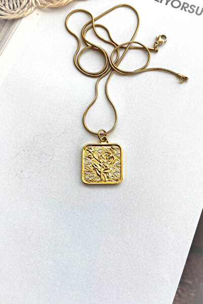 roshel Çelik Kolye Gül Figürlü Madalyon Gül Kolye