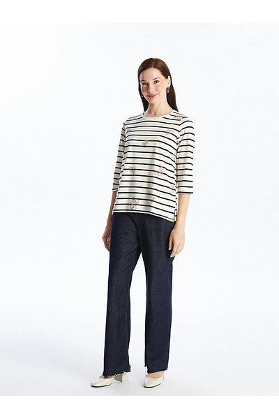 LC Waikiki Γυναικείο ριγέ μπλουζάκι LCW Grace Crew Neck