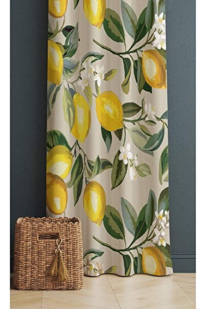 ALAMODECOR Limon Ve Yaprak Desenli Sarı Ve Yeşil Renk Mutfak Fon Perdesi Tek ...