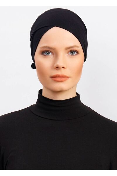 Ecardin Kadın Çapraz Bone Tesettür Hazır Kaymaz Türban Hijab Pratik Kayma Yapmaz Elastan Bone - Siyah
