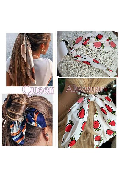 Queen Nelly Trend Fashion - Red Strawberry Fruit Patterned Pearl Elastic Scarf Shawl Scarf Pendant Buckle