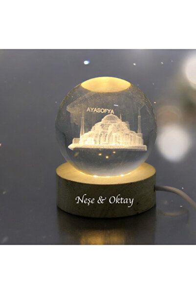 keyfim shop Kişiye Özel Işıklı Ahşap Ayasofya Kristal Cam Küre 6cm