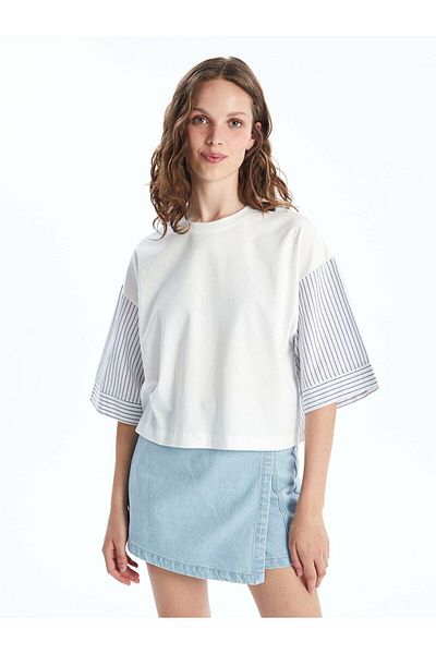 LC Waikiki LCW Oversize Damska Bluzka Crop - Okrągły Dekolt, Paski, Krótki Rękaw