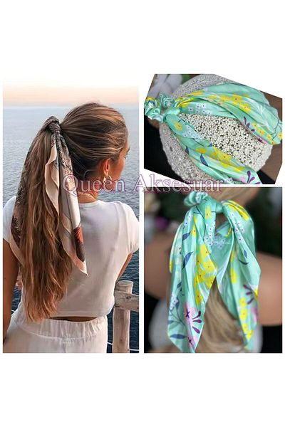 Queen Nelly Water Green Trend Fashion - Satin Elastic Flower Motif Scarf Shawl Scarf Pendant Lamp