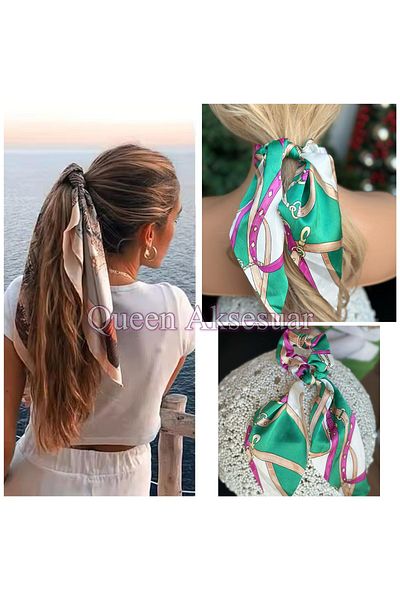 Queen Nelly Trend Fashion - Chain Belted, Patterned Scarf Shawl, Scarf Pendant Lamp - Pink Green Satin