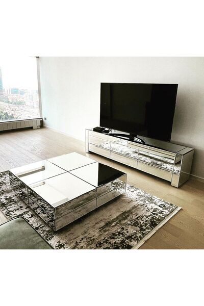 Gençtürk Luxury Gümüş Aynalı Tv Altı 160x40 Yük 50 Cm Orta Sehpa 90x90 Yük 32cm